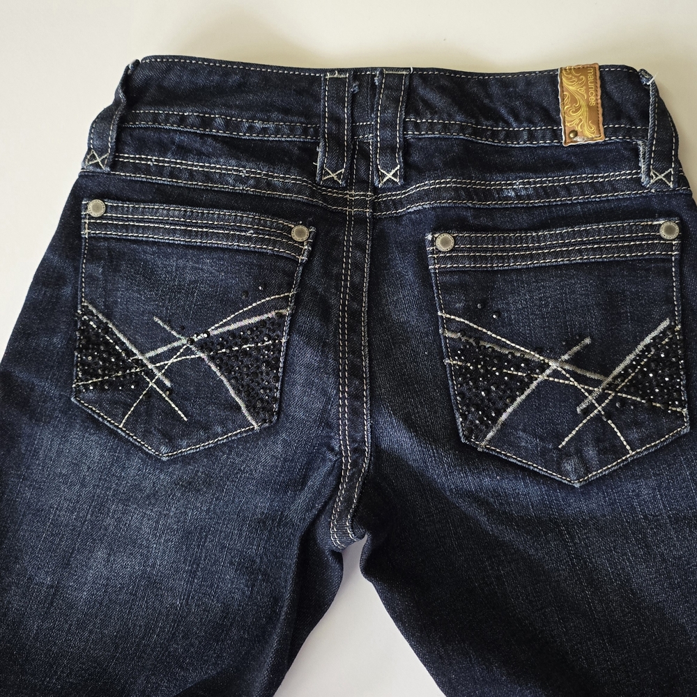 Maurices Dark Blue Low Rise  Boot Cut Jeans Embellished Pockets Y2K